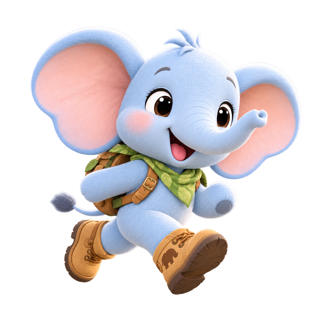 Momoloo the blue elephant leaping in his adventure boots