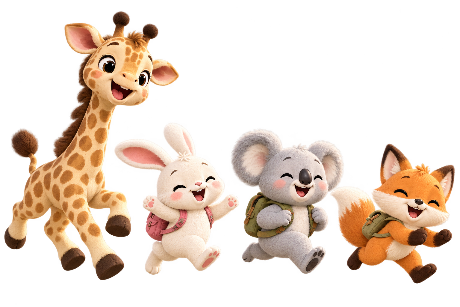 Giraffe, bunny, koala and fox running together