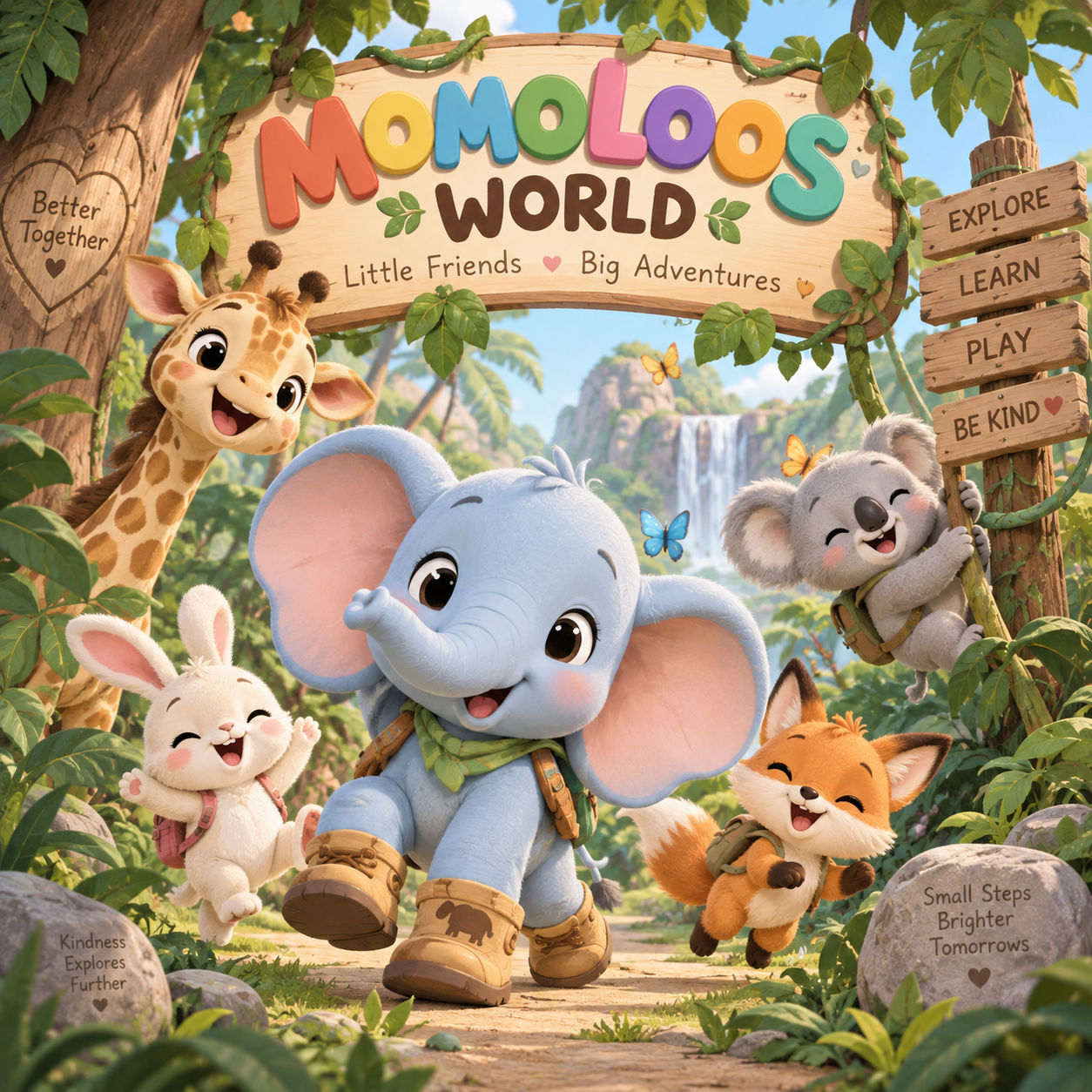 The whole Momoloo crew in their jungle home